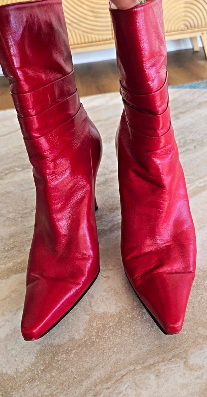 Stuart Weitzman Red Leather Pointed Toe Ankle Boots Stiletto Heel Women's 9B